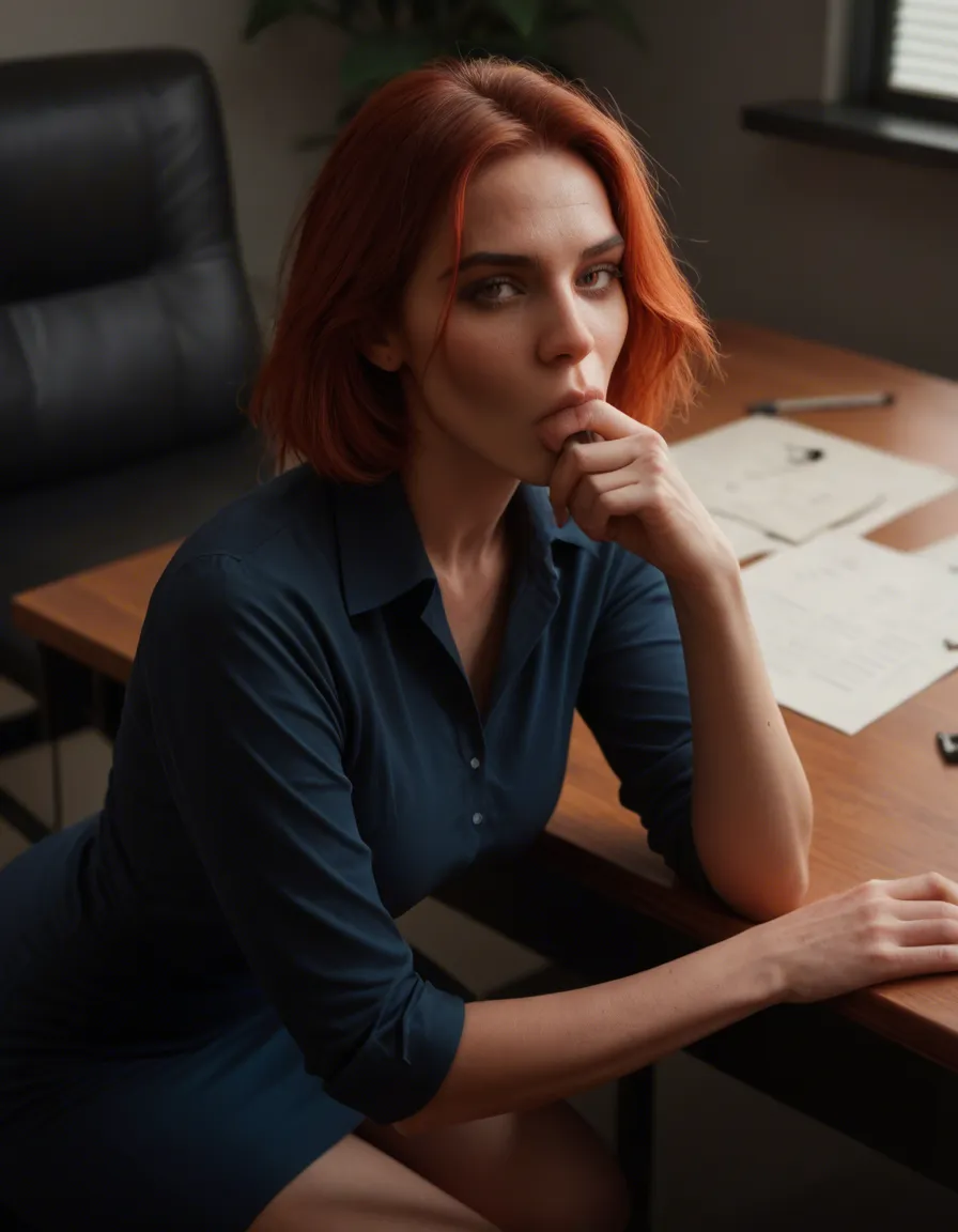 short bobbed red hair  40 years old secretary, with dark blue dress kneeling under my desk leashed on desk sucking multiple cocks, score_9, score_8, candid photo, realistic skin texture, visible skin pores, film grain, depth of field