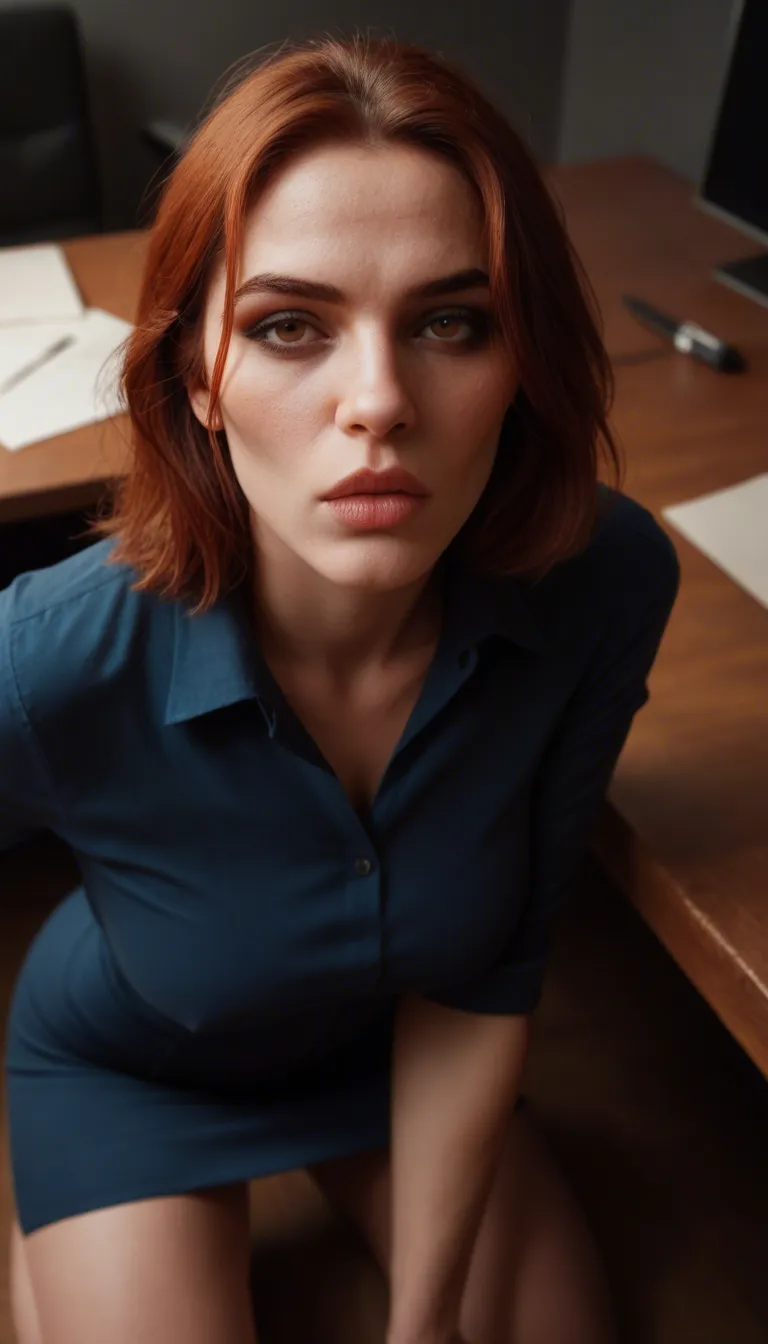 short bobbed red hair with dark roots , 45 years old secretary, brown eyes, makeup, with dark blue dress, kneeling under my desk, sucks cock