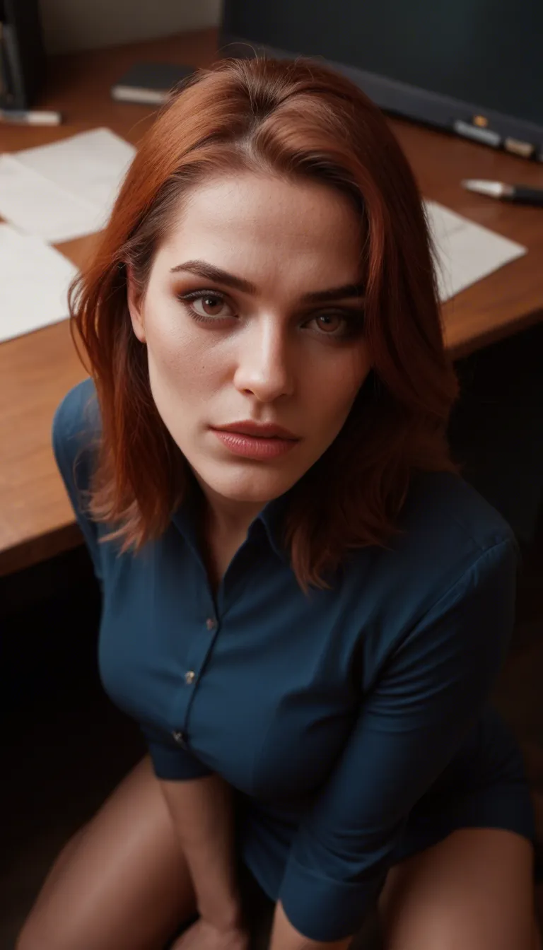 short bobbed red hair with dark roots , 45 years old secretary, brown eyes, makeup, with dark blue dress, kneeling under my desk, receive cum_in_mouth