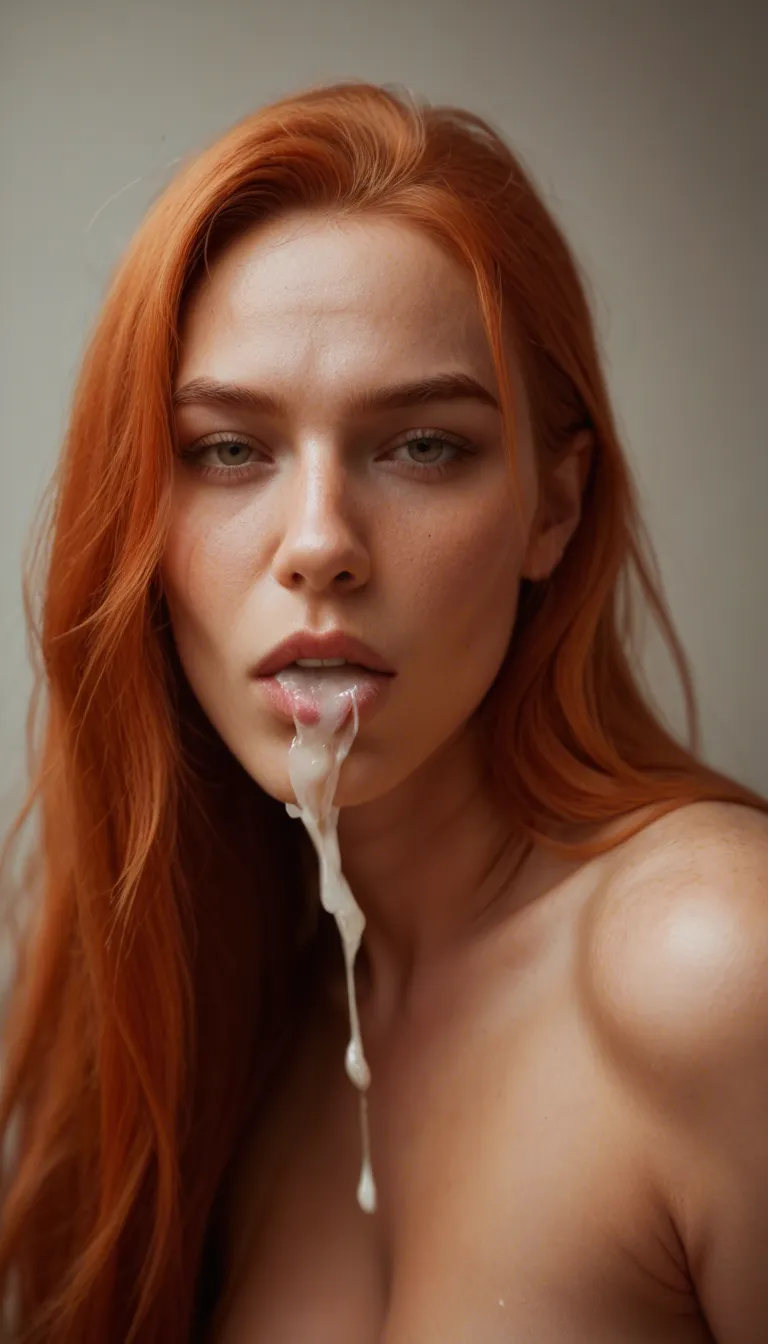 anime girl with ginger hair sucking a very long dick with lots of cum