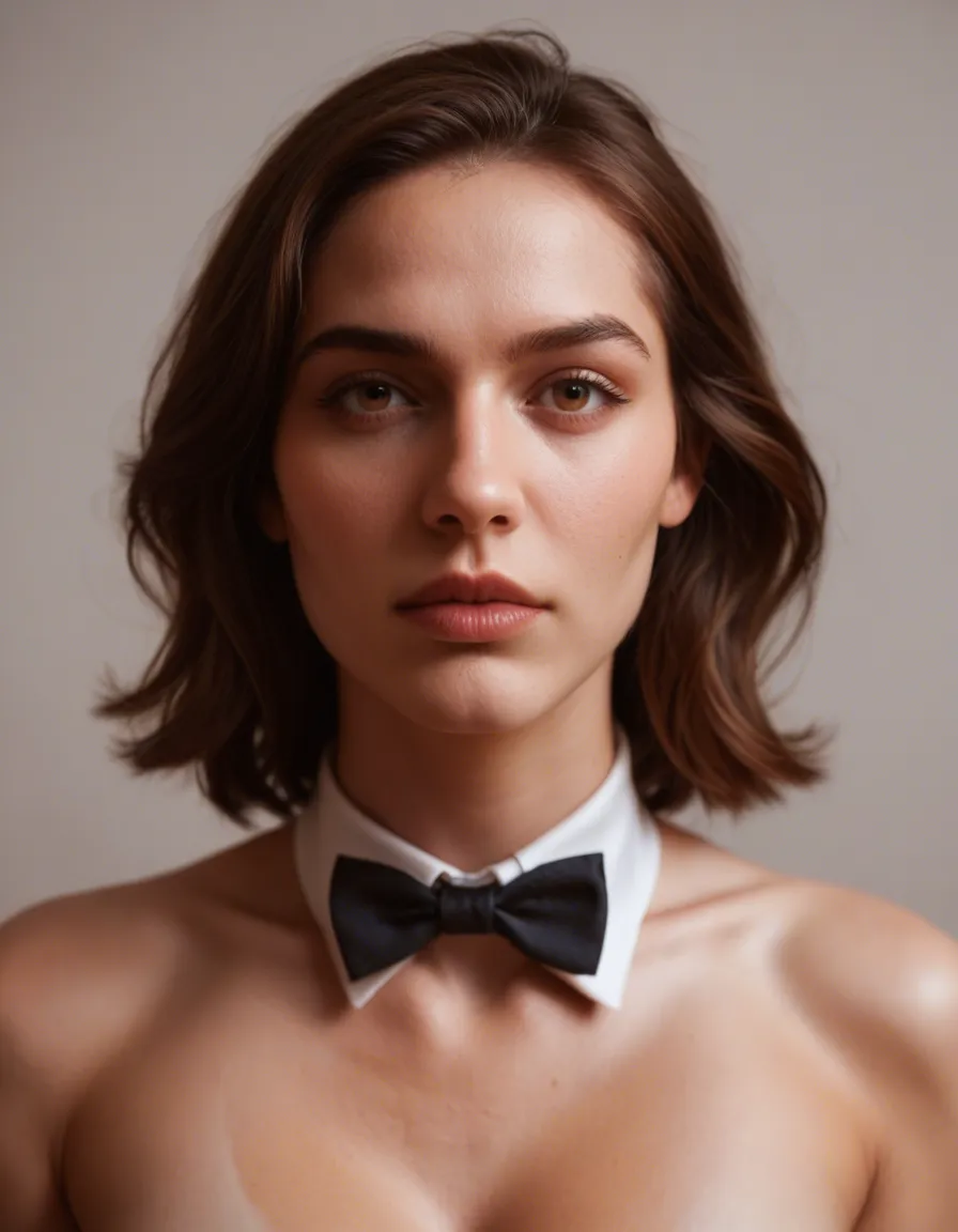 best quality, hyperrealistic, solo focus, brown hair, bowtie, fully nude, photorealistic, score_9, score_8, candid photo, realistic skin texture, visible skin pores, film grain, depth of field
