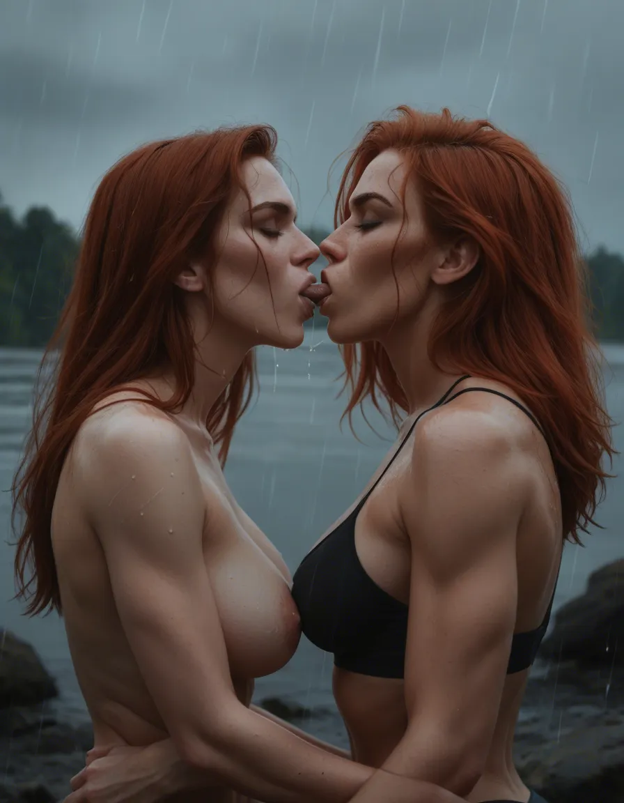 pale redhead meets her ex and gets casught in a storm. They have to spend the night together in an old omtel. The rain is heavy. The woman looks incredbible. The two come together and kiss and undress each other. She sucks him off and drinks his cum. He fucks her and cums in her. She is worried about getting pregnant. She squirts as he cums in her, score_9, score_8, candid photo, realistic skin texture, visible skin pores, film grain, depth of field