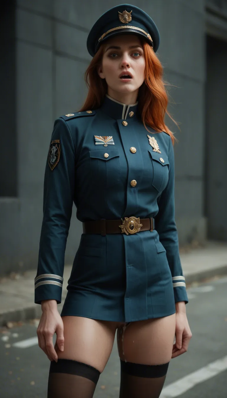 pale redhead gets a creampie and squirts. She is in uniform and looks shocked i cam in her
