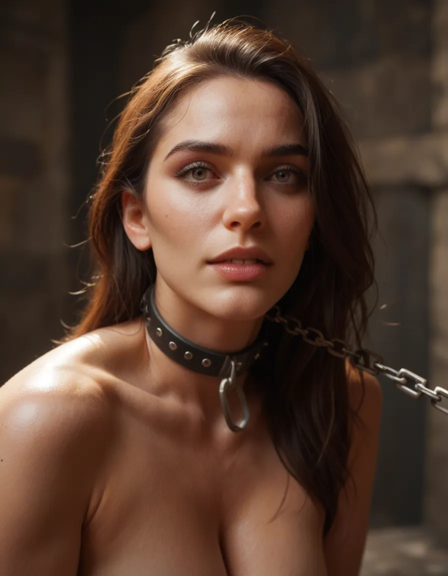 a woman in a dungeon is chained up and fucked by fuckingmachine she is excited and is coming a lot, score_9, score_8, candid photo, realistic skin texture, visible skin pores, film grain, depth of field