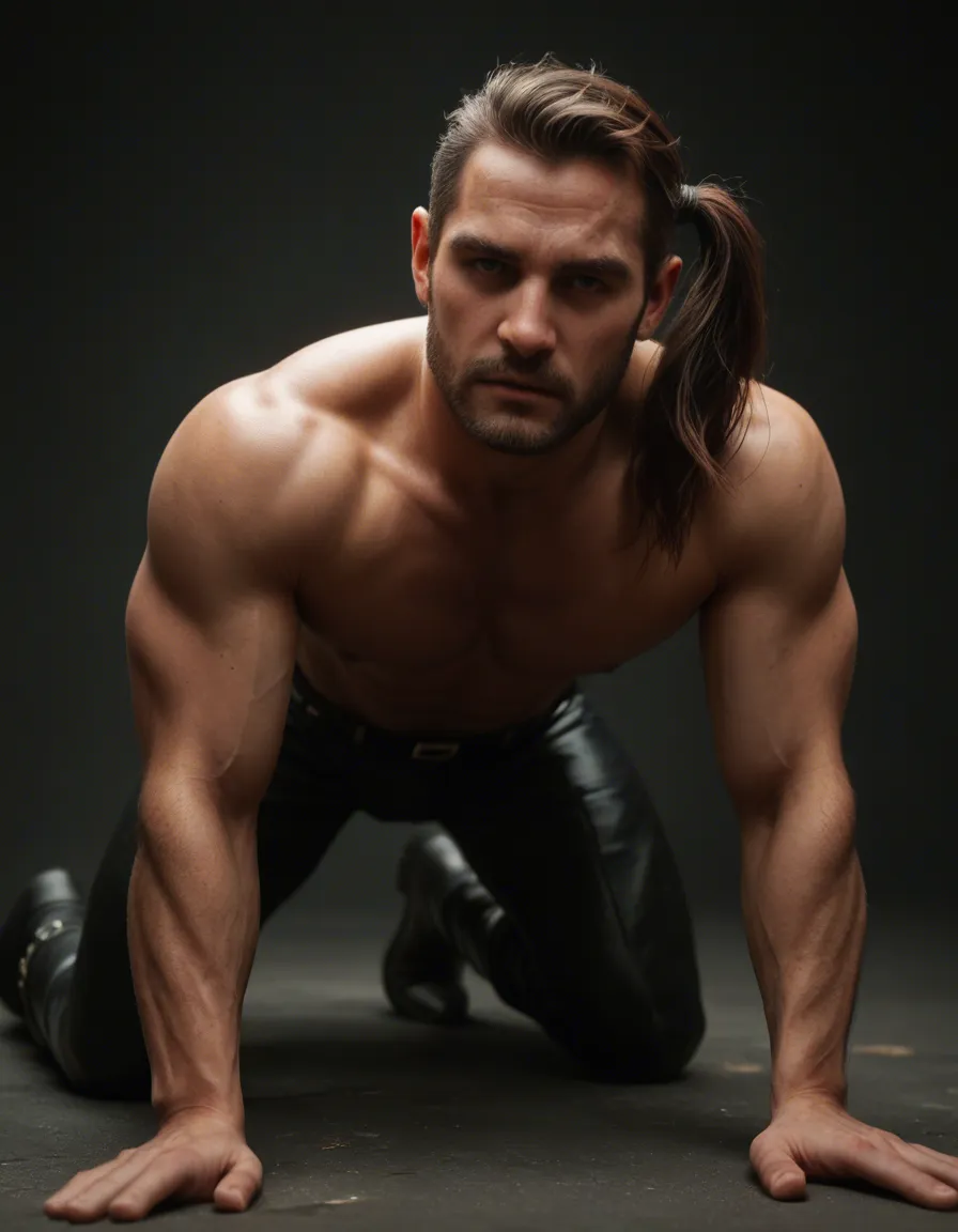 sharp focus, 8k uhd, male focus, side ponytail, boots, on all fours, cinematic realism, score_9, score_8, candid photo, realistic skin texture, visible skin pores, film grain, depth of field