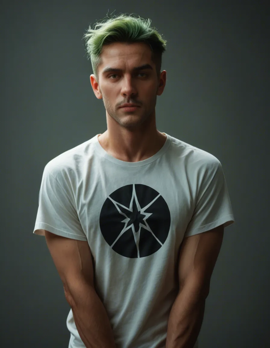 best quality, hyperrealistic, 1boy, green hair, shirt, fully nude, warm tones, score_9, score_8, candid photo, realistic skin texture, visible skin pores, film grain, depth of field
