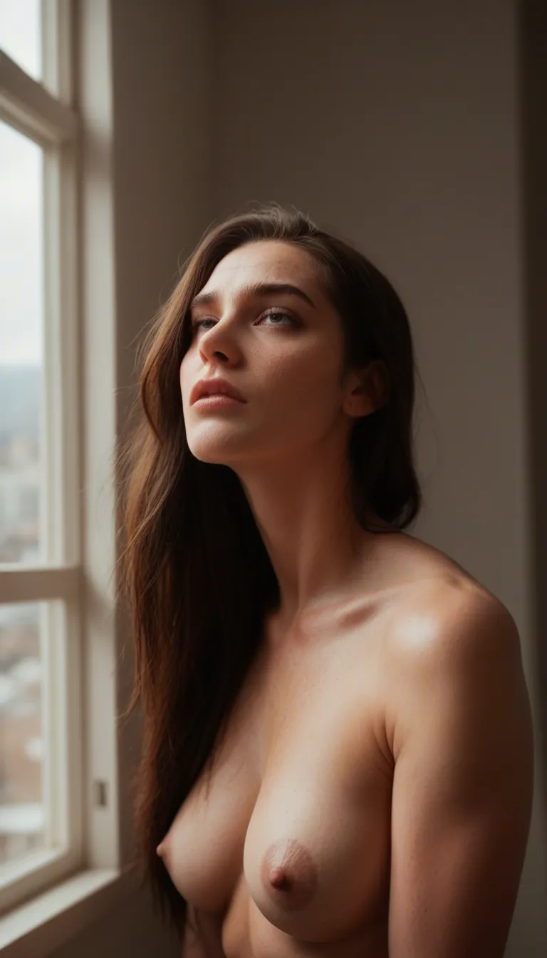 A woman is naked in the window, she looks up and realizes she is being watched and covers herself up quickly