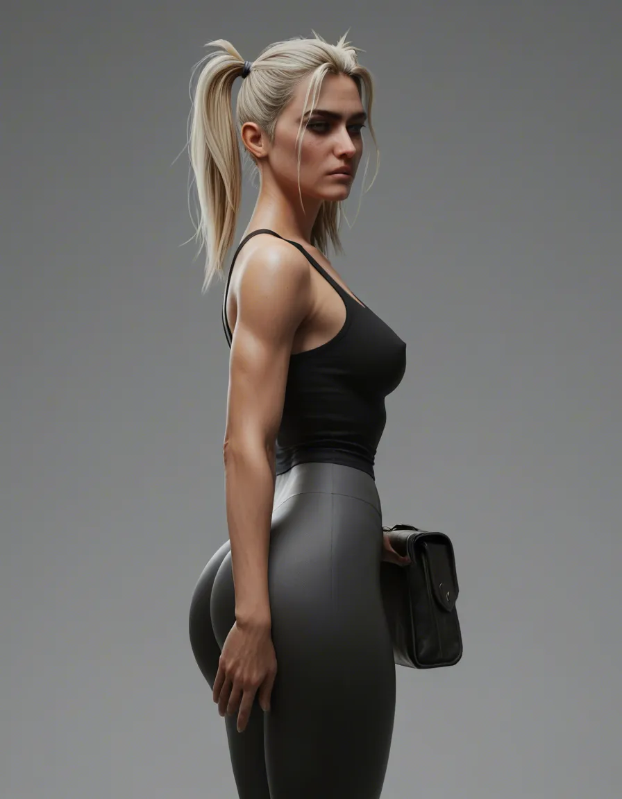 Blonde with pigtails, leggings, score_9, score_8, 3d render, octane render, subsurface scattering, ray tracing, smooth shading bigger breasts, bag top big ass, score_9, score_8, 3d render, octane render, subsurface scattering, ray tracing, smooth shading