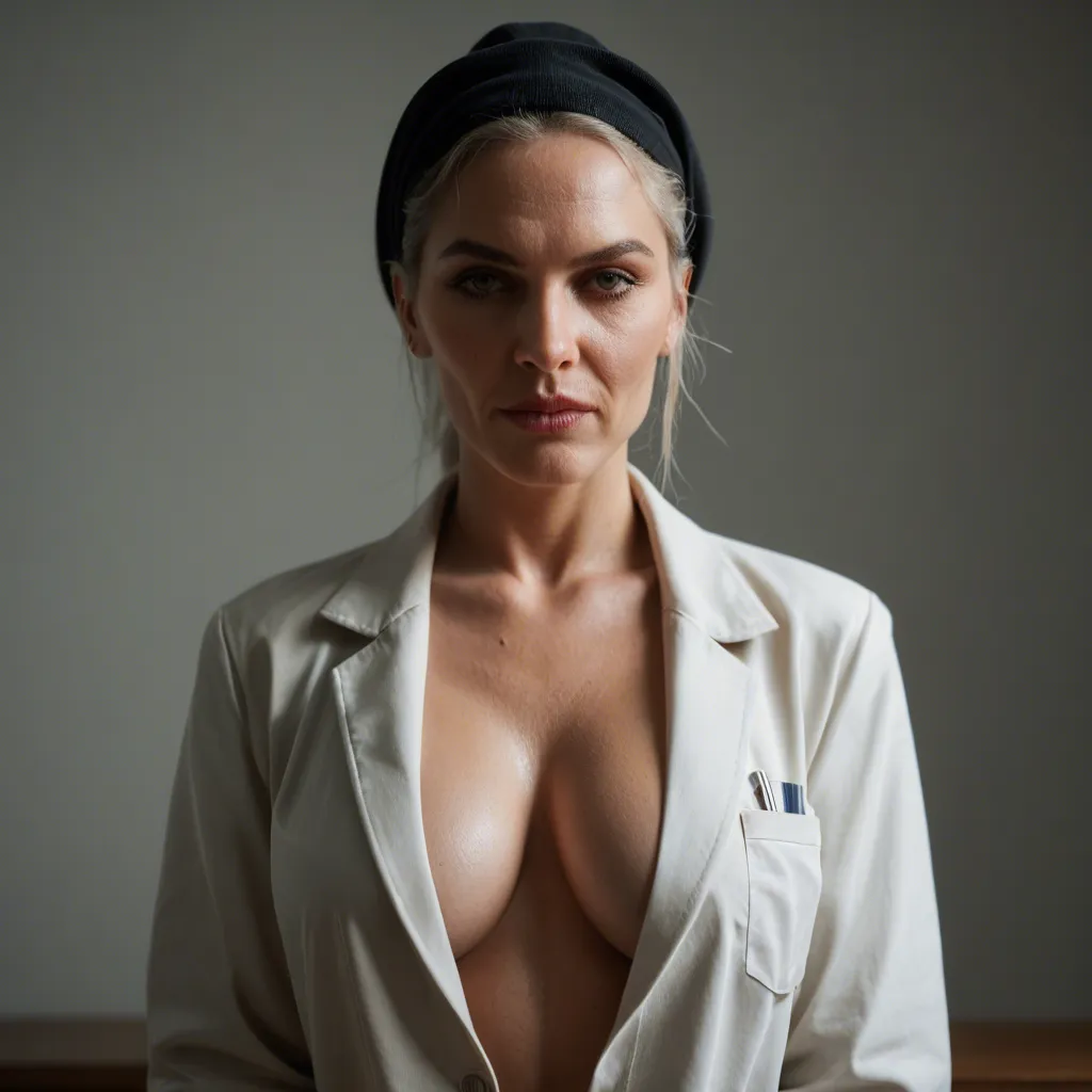 Ultraorthodox Jewish woman, hair wrapped by black headscarf, milf, doctor, unbuttoned white doctor's coat exposing huge tits, ripped pantyhose, hairy pussy, glasses, stethoscope around her neck, happy face, laying on her back on examination desk, spread legs, gangbang, man from medical stuff is fucking her, giving blowjob to another man, huge cocks, hospital