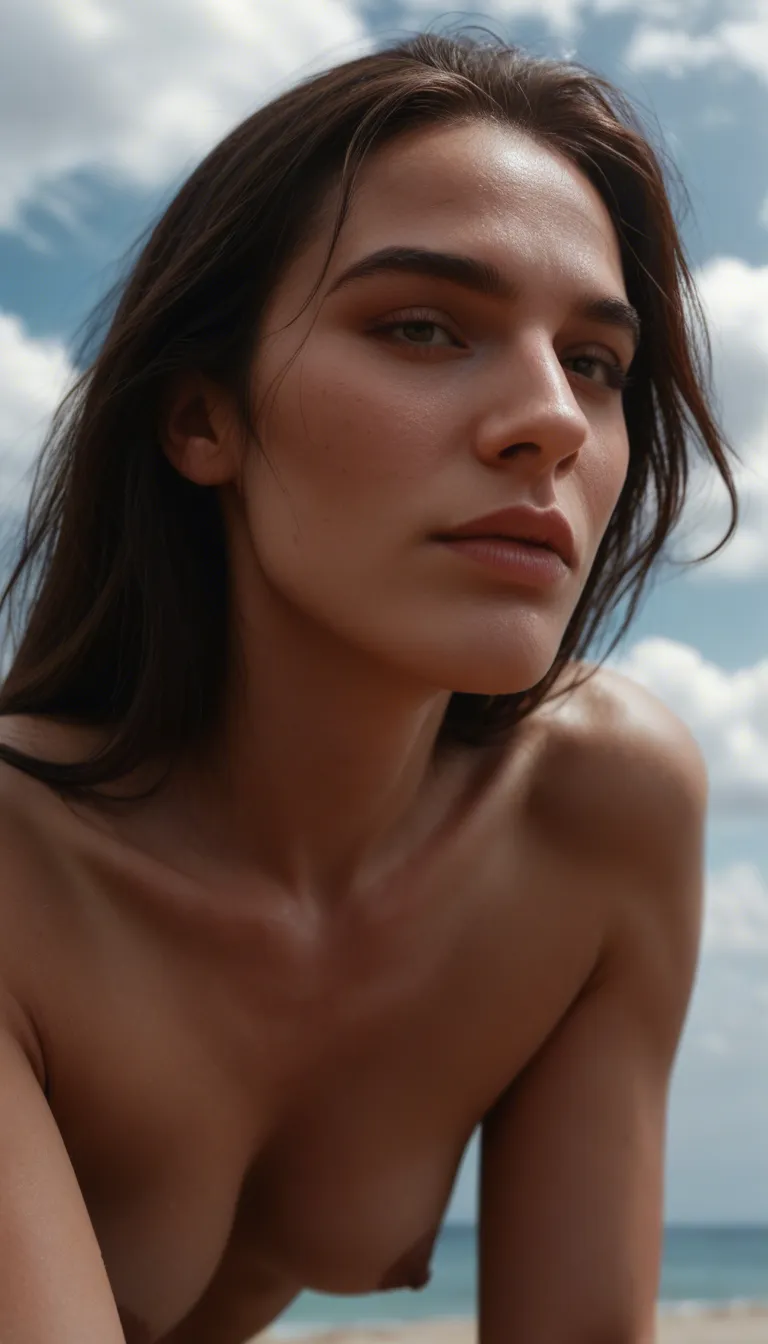 ultra HD, lifelike, close-up, solo focus, doggy style, cloudy sky, dominant stare, lifelike render