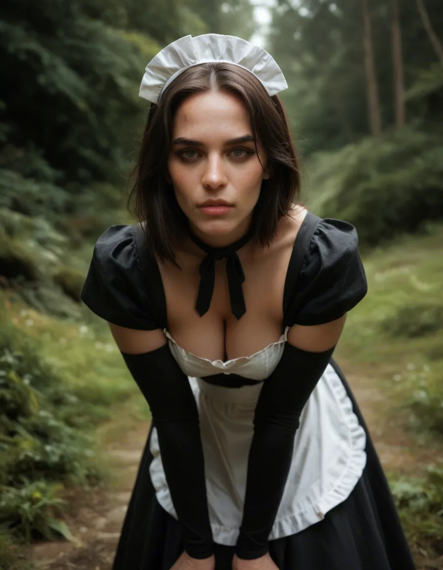 Human wearing furry maid cosplay with boobs hanging outdoors, score_9, score_8, candid photo, realistic skin texture, visible skin pores, film grain, depth of field