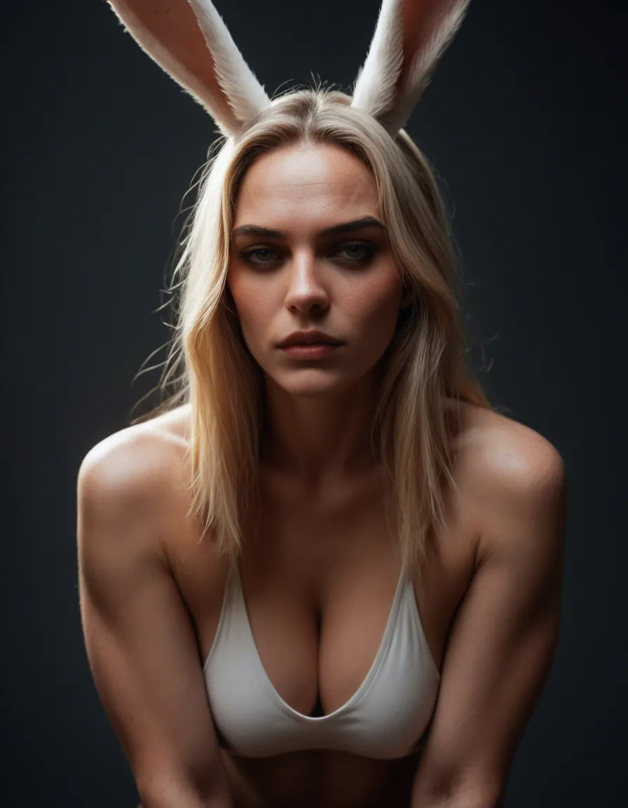 cinematic photo, 8k, bunny woman, futanari, bare arms, seductive look, hyperrealistic, score_9, score_8, candid photo, realistic skin texture, visible skin pores, film grain, depth of field
