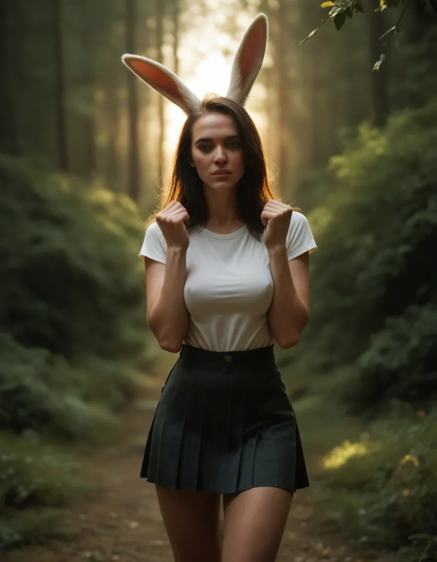 highly detailed, natural lighting, bunny woman, hands up, skirt, anal sex, depth of field, natural skin texture, score_9, score_8, candid photo, realistic skin texture, visible skin pores, film grain, depth of field