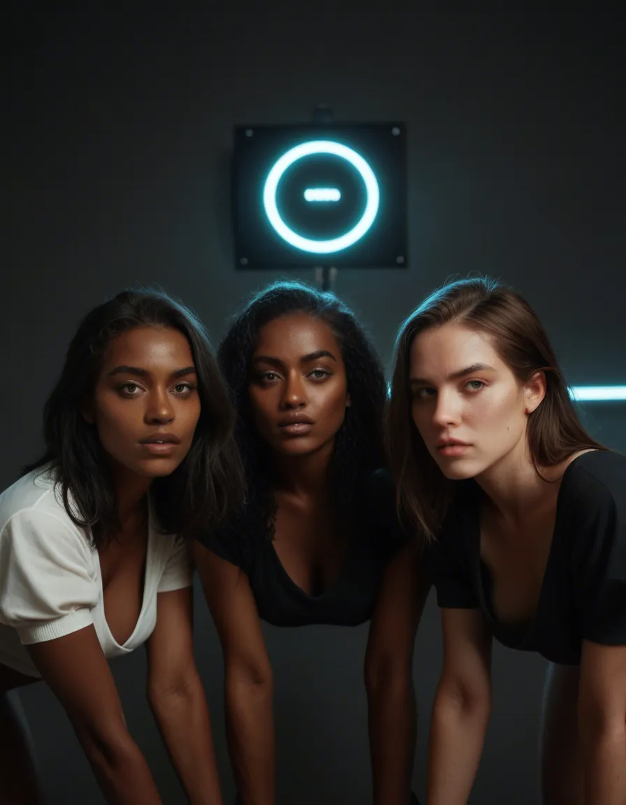 RAW photo, ultra realistic, 3girls, dark-skinned female, puffy sleeves, bent over, neon glow, photorealistic, score_9, score_8, candid photo, realistic skin texture, visible skin pores, film grain, depth of field