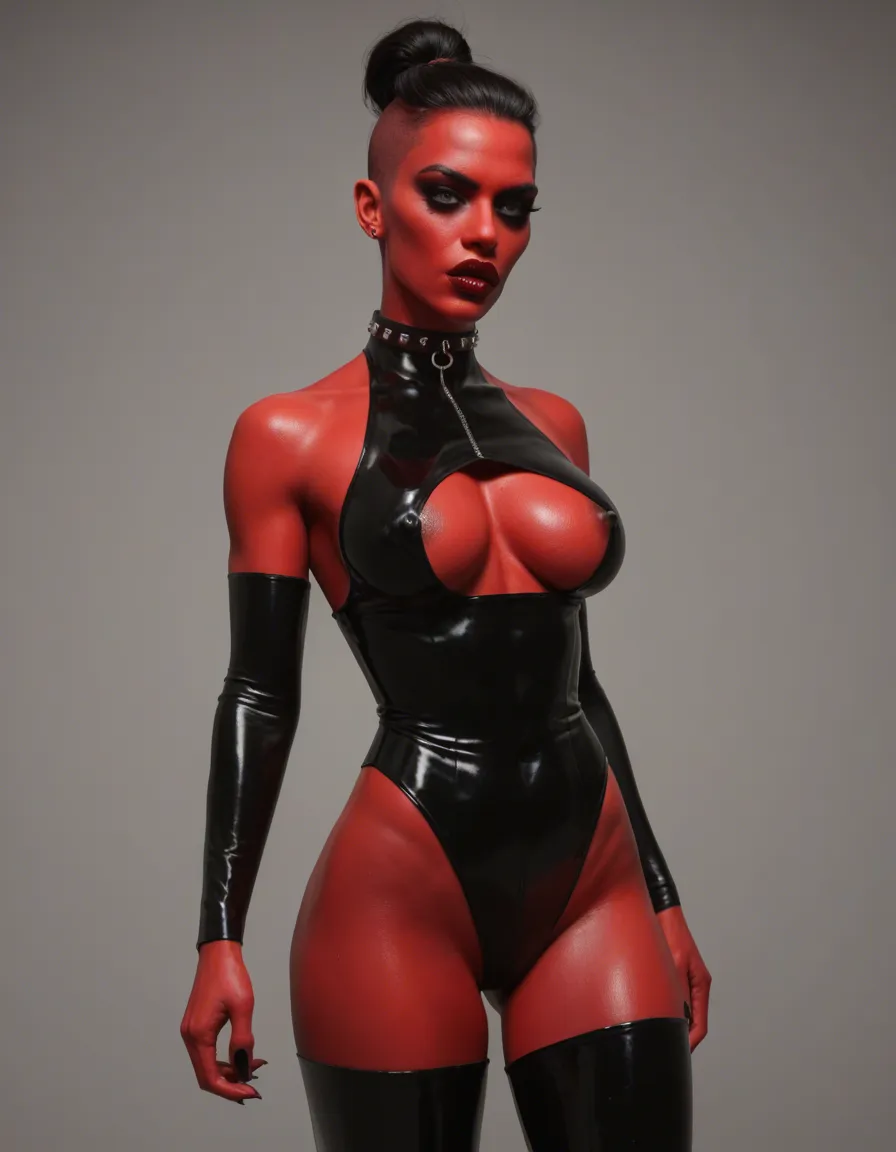 futanari, masterpiece, best quality, solo, 1girl, crimson lipstick, sharp eyeliner, smoky eyes, big lips, slick black hair tied back, futa, adult woman, domina, wearing sleek black latex with crimson accents, choker collar, high cut-outs reveal thighs, nipple cutout, penis cutout, nipple piercing, dim red and black lighting casting shadows on skin, soft glow from neon signs behind her back, playful smirk, looking at viewer, BREAK detailed leather textures contrasted by smooth latex, (black accessories, rings, bracelets), bokeh effect, depth in background, dynamic pose, conveying power, high resolution, detail enhancing, texture realism, inside, plush velvet seat, dark private BDSM club, (dynamic view, dynamic angle, dutch angle), from below, score_9, score_8, candid photo, realistic skin texture, visible skin pores, film grain, depth of field
