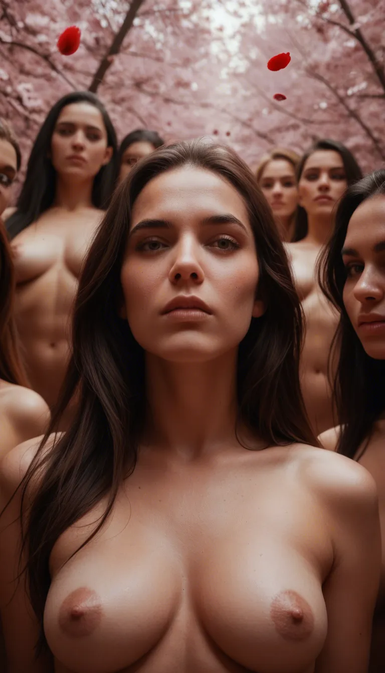 sharp focus, 8k uhd, from below, 6+women, arching back, medium breasts, petals, studio photo
