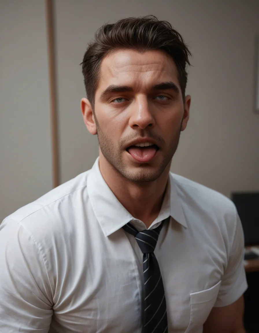 RAW photo, ultra realistic, dutch angle, office male_focus , ahegao, muscular, lustful eyes, 8k uhd photo, score_9, score_8, candid photo, realistic skin texture, visible skin pores, film grain, depth of field