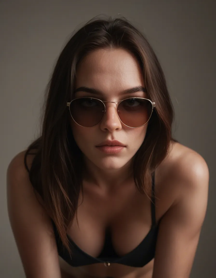dslr, film grain, photorealistic, portrait, succubus, bent over, sunglasses, submissive blush, lifelike render, score_9, score_8, candid photo, realistic skin texture, visible skin pores, film grain, depth of field