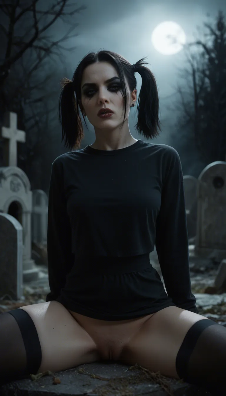 8k, sharp focus, young woman, goth style, short_twintails ,black_hair , black_thighhighs , spread_legs  ,graveyard , fellatio , deepthroat, 1 man, ejaculation ,cum_on_clothes , pov