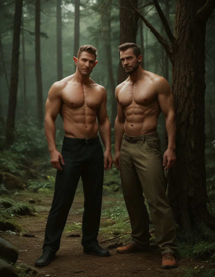 sharp focus, 8k uhd, full body, 2boys, bondage, pointy ears, tree, intense passion, lifelike render, score_9, score_8, candid photo, realistic skin texture, visible skin pores, film grain, depth of field