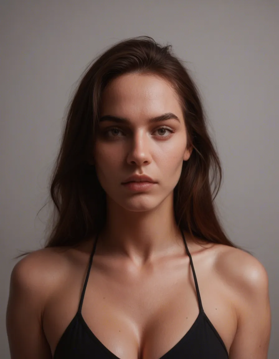 sharp focus, 8k uhd, over the shoulder, 1girl, presenting, groin, gradient background, photorealistic, score_9, score_8, candid photo, realistic skin texture, visible skin pores, film grain, depth of field