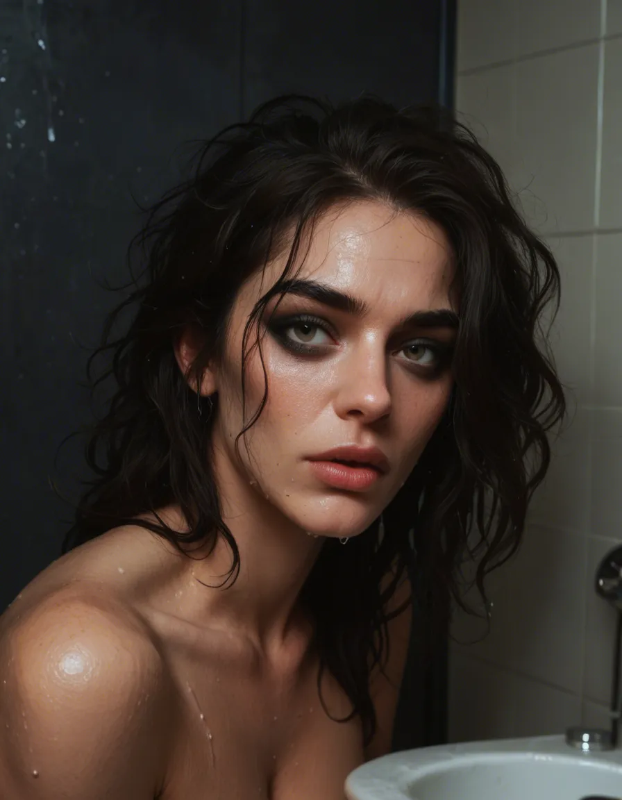 raw, candid smartphone photo captured on an iPhone in a dark club restroom stall. High-speed digital noise and heavy grain from low-light sensor struggle. A woman with messy, damp hair and smeared black eyeliner is captured in mid-motion, resulting in slight motion blur. Focus on the heavy texture of skin: visible pores, sweat-slicked surfaces, and flushed, red skin on the thighs. Deep shadows and high contrast with a slightly blown-out highlight from a harsh, overhead flickering fluorescent light. She is wearing low-rise grey denim and a tiny, crushed fabric top, both disarrayed. A man's hands are visible, fingers pressing deep into the flesh of her thighs with realistic skin-indentation. The setting is gritty: grime on tiled walls and faded graffiti in the background. Desaturated colors with a heavy green-yellow tint from the artificial lighting. Unfiltered, uncurated social media aesthetic, candid shot, high-speed shutter blur, intense physical contact, messy and unpolished., score_9, score_8, amateur photo, phone snapshot, realistic skin texture, skin blemishes, soft indoor lighting