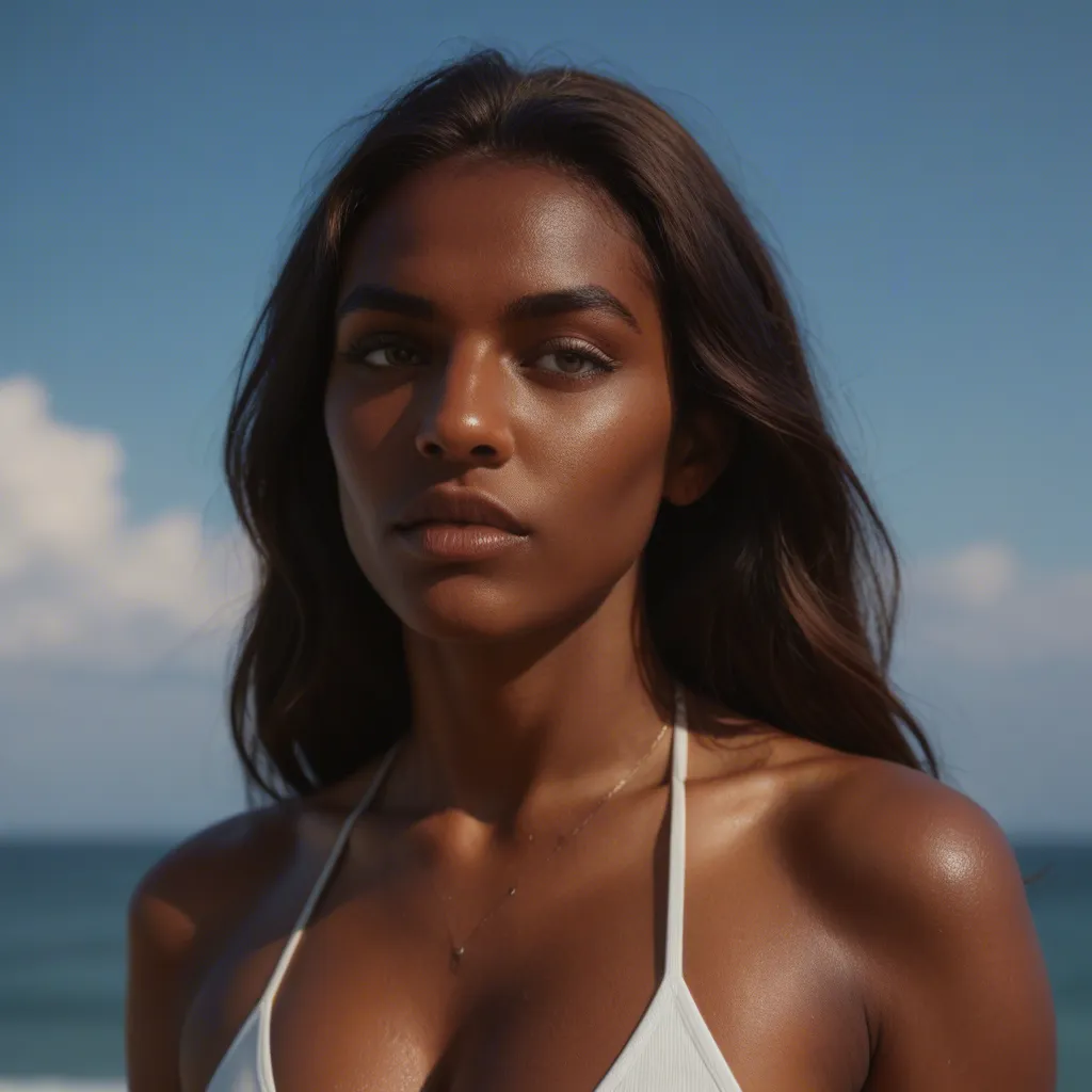 best quality, hyperrealistic, brunette woman, futanari, dark skin, blue sky, dslr quality