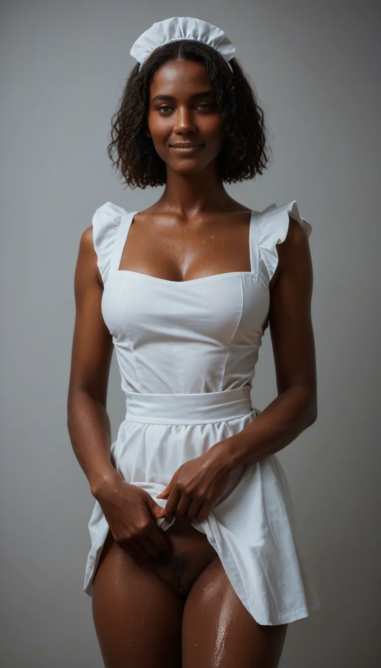 cinematic photo, 8k, cowboy shot, maid, wet pussy, dark skin, shy smile, studio photo