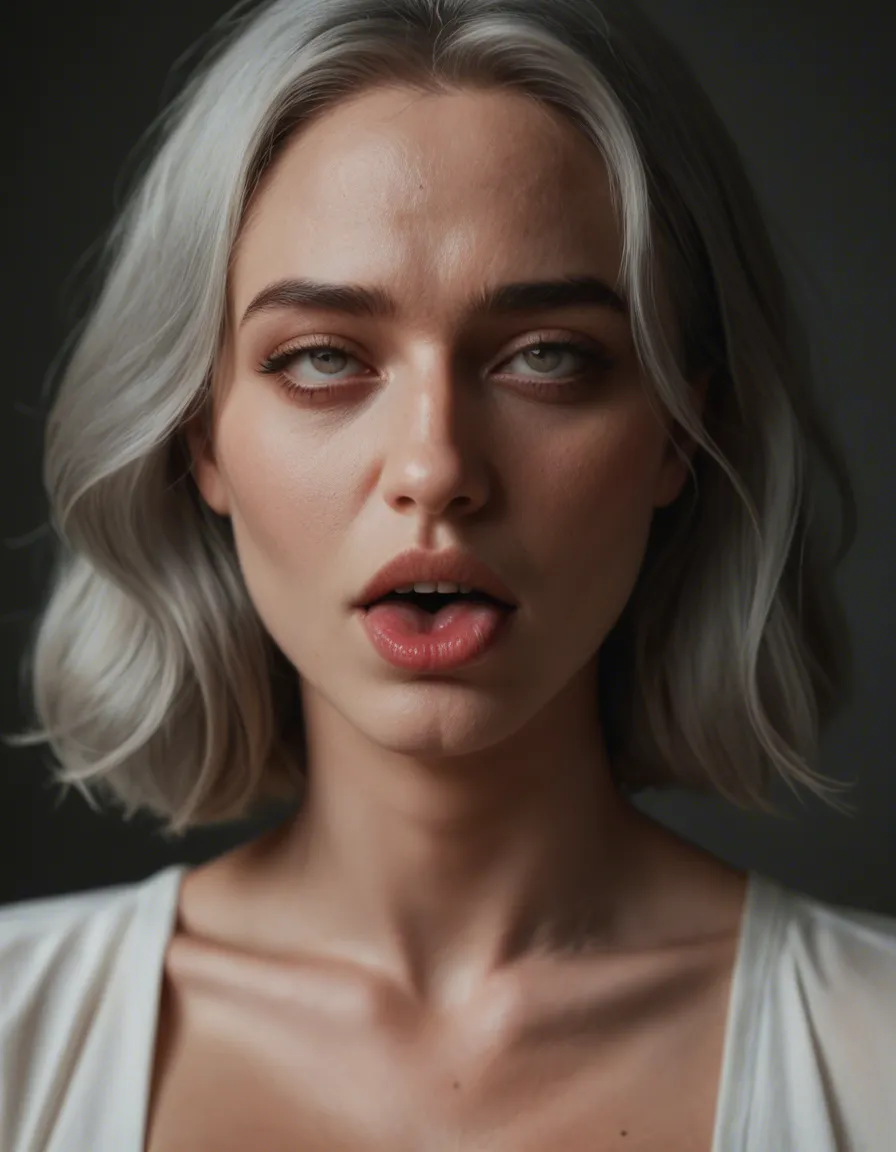 dslr, film grain, photorealistic, demon girl, grey hair, puffy sleeves, ahegao, film photography, score_9, score_8, candid photo, realistic skin texture, visible skin pores, film grain, depth of field