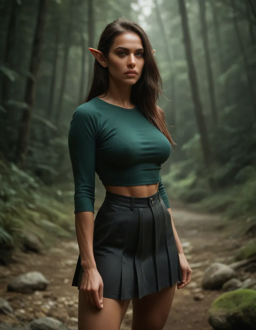 studio quality, sharp focus, elf woman, skirt, futanari, natural skin texture, score_9, score_8, candid photo, realistic skin texture, visible skin pores, film grain, depth of field