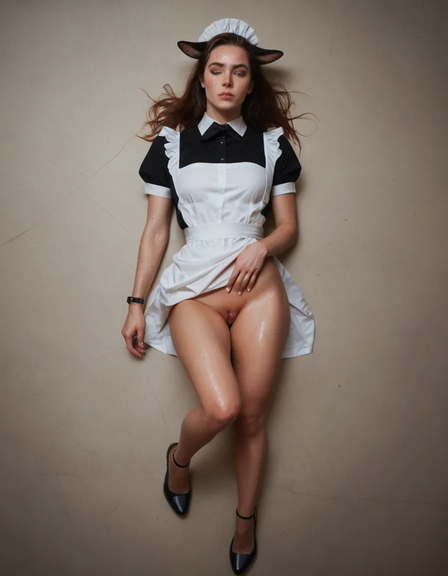 ultra HD, lifelike, maid, animal ears, shoes, wet pussy, from above, dslr quality, score_9, score_8, candid photo, realistic skin texture, visible skin pores, film grain, depth of field