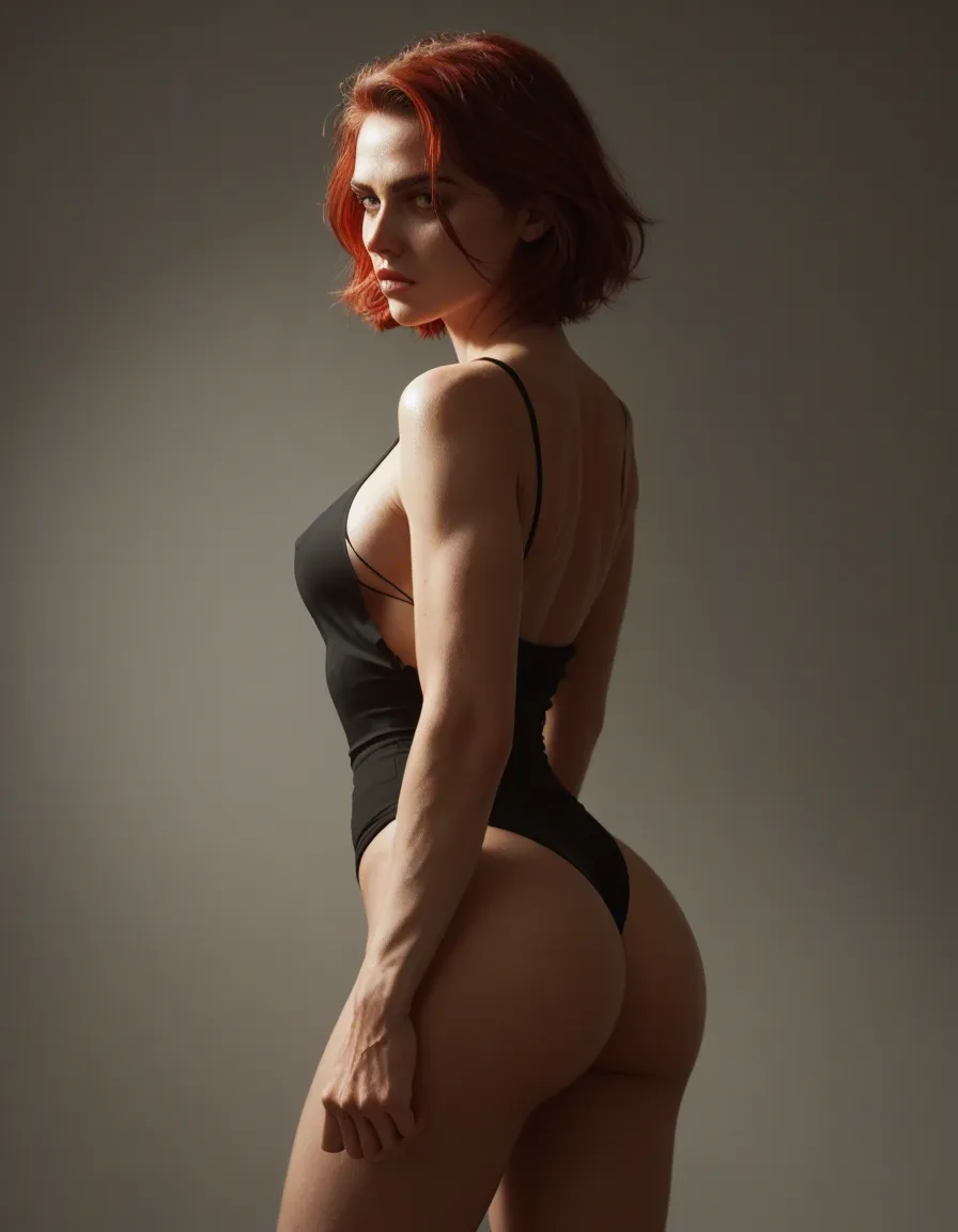 Short red hair with black lowlights at the roots secretary , brow eyes. olice short dress ripped with expose tits and ass, score_9, score_8, cinematic film still, anamorphic, film grain, dramatic lighting, shallow depth of field, score_9, score_8, candid photo, realistic skin texture, visible skin pores, film grain, depth of field