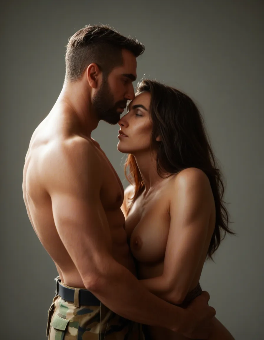 cinematic photo, 8k, couple, bondage, bare arms, military, hyperrealistic, score_9, score_8, candid photo, realistic skin texture, visible skin pores, film grain, depth of field