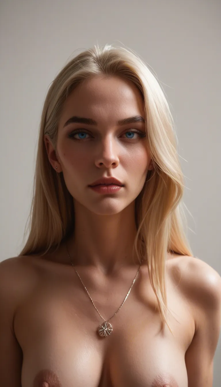 Stunning blonde sexy housewife, mid 30s, blue eyes, straightened hair, slim face, slim nose, very attractive, hourglass figure, DD breasts, brightly lit,