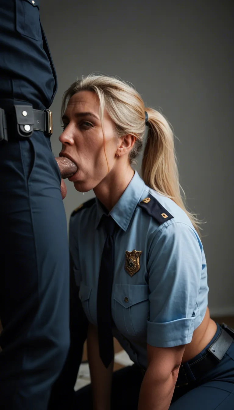 deepthroat blowjob, ultrarealistic, detailed skin, in courtroom, mature female, mature face, blonde hair in ponytail, (wearing police uniform, dark uniform pants, black work boots), medium breasts, tight ass, squatting, blowing a large penis, male in business suit