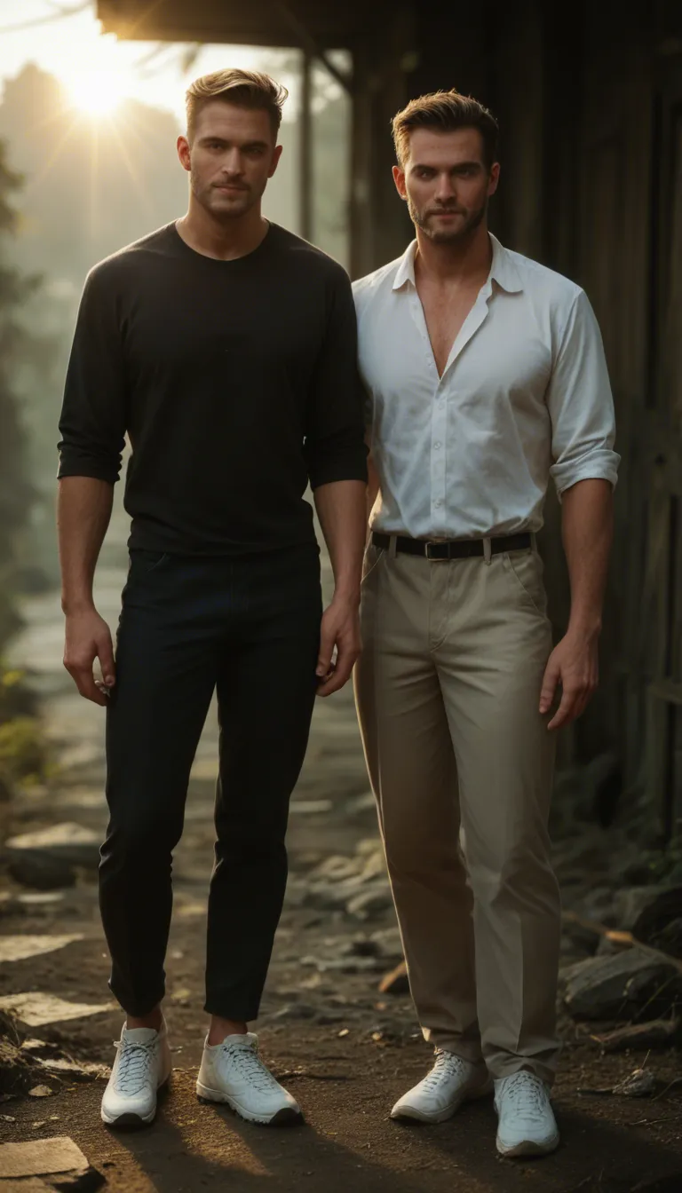 ultra HD, lifelike, 2boys, presenting, white footwear, sunlight, cinematic realism