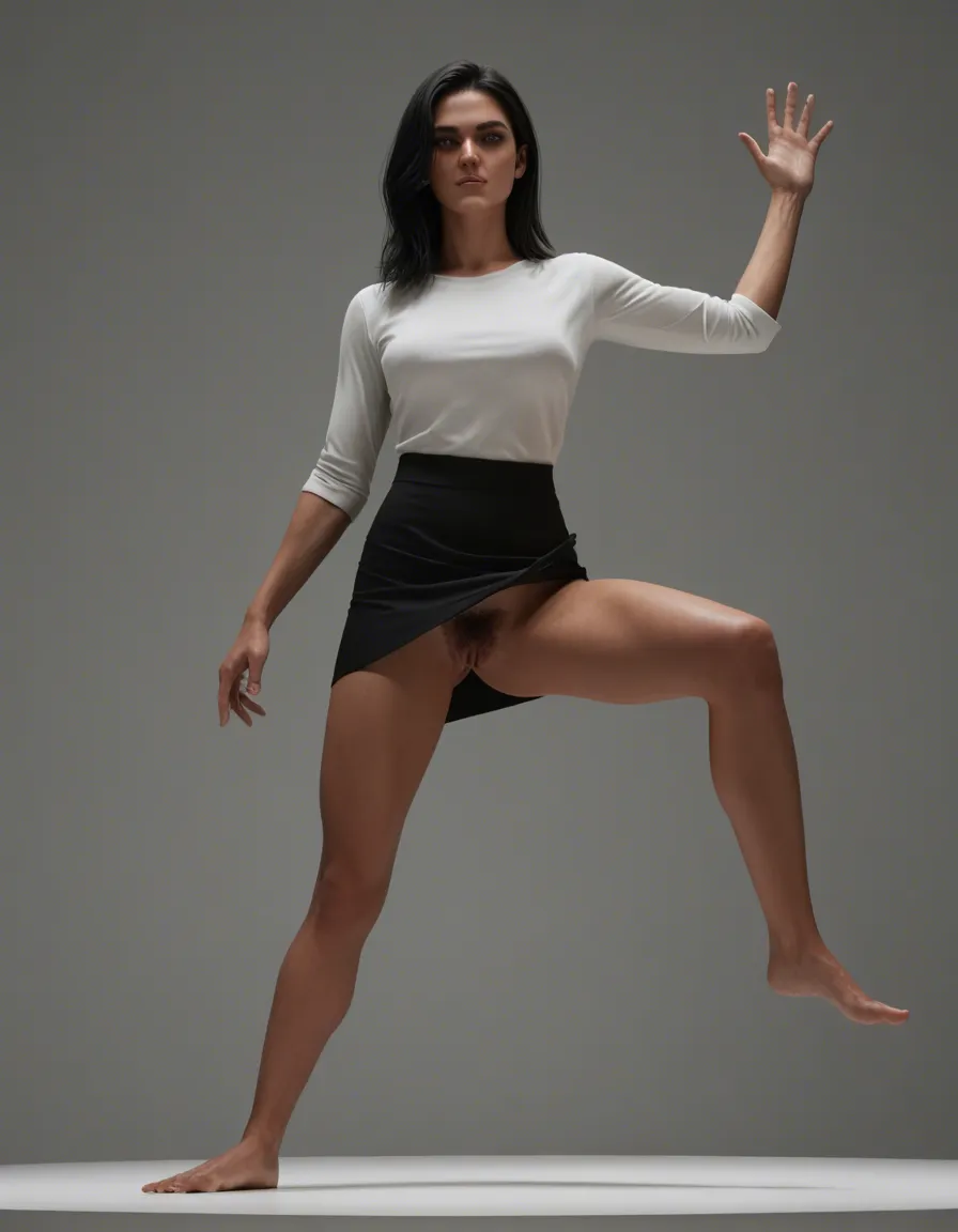 1women on stage,  slim, black hair,  sexy dance,  , old fashioned, skirt_lift , skirt_hold ,kicking one leg up,  to show ((no panties)), hairy pussy,, score_9, score_8, 3d render, octane render, subsurface scattering, ray tracing, smooth shading