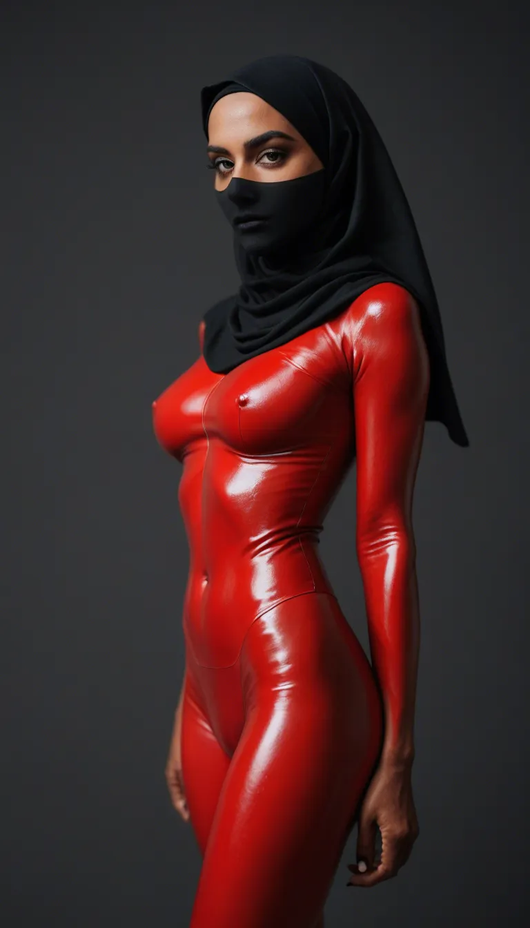 short arab brown skin colour slim girl  wearing a black hijab, dressed in red latex kinky uniform, with big tits sticking out and shaking her booty