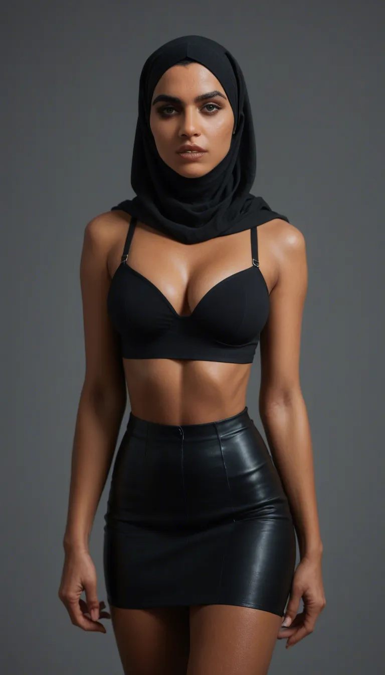 short arab brown skin colour slim girl wearing a black hijab, dressed in tight mini skirt and black bra, with big tits wobbling and jiggly and shaking her booty while pushing finger into her anus