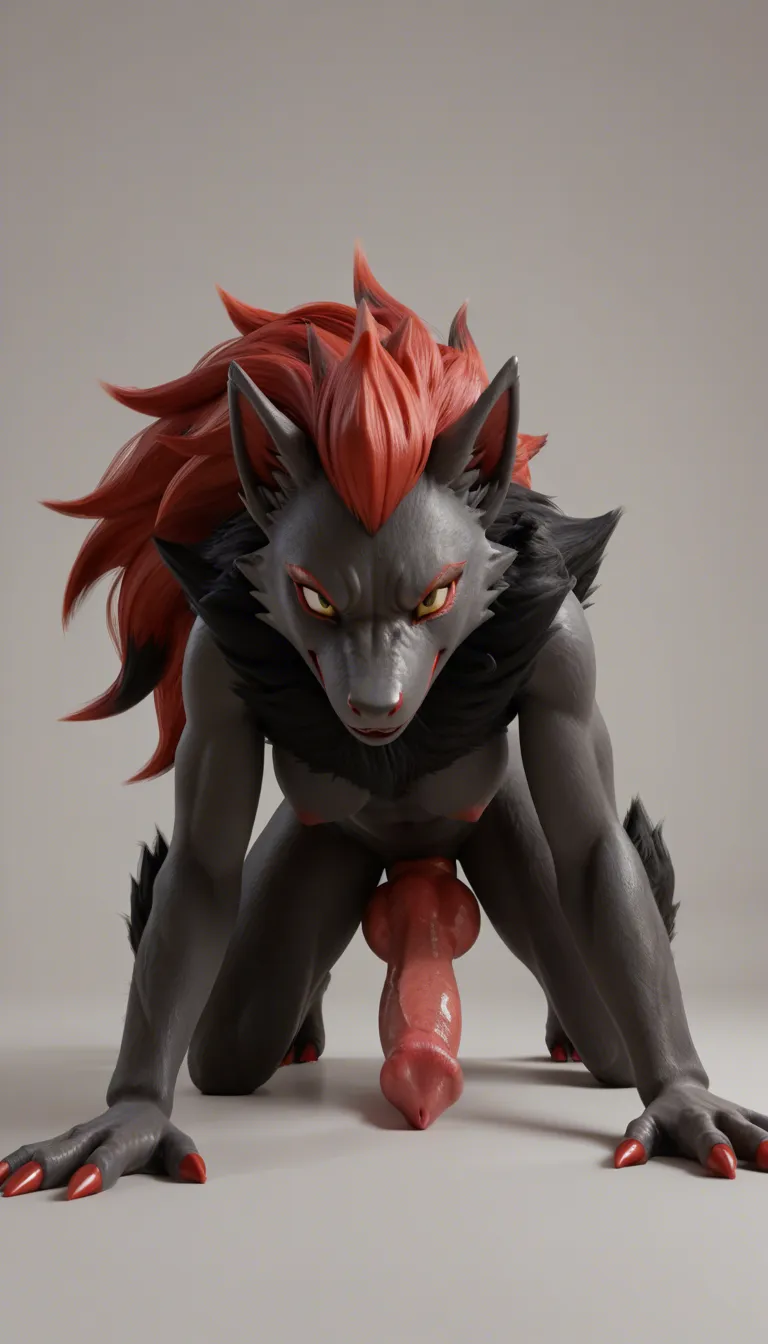 zoroark futa, dark fur, red mane, yellow eyes, quadruped, on all fours, futa, large canine penis with knot, heavy balls, wet pussy, dog cock anatomy, walking slowly, cock bouncing, detailed, smooth animation, best quality