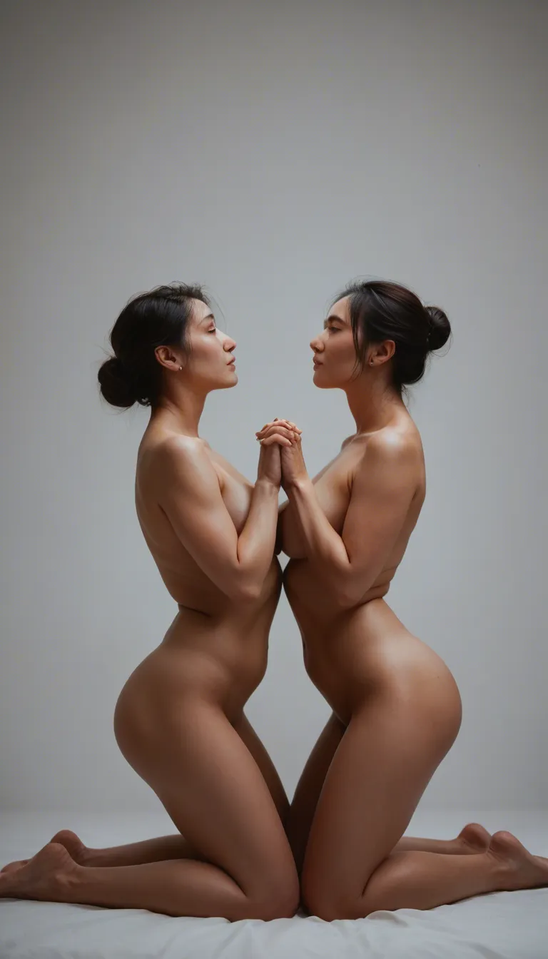 two plump asian women raising each others arms in the air, interlocked_fingers, kneeling
