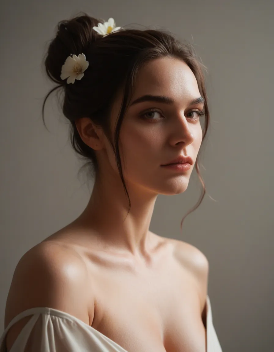 ultra HD, lifelike, brunette woman, hair bun, flower, fully nude, rim light, studio photo, score_9, score_8, candid photo, realistic skin texture, visible skin pores, film grain, depth of field