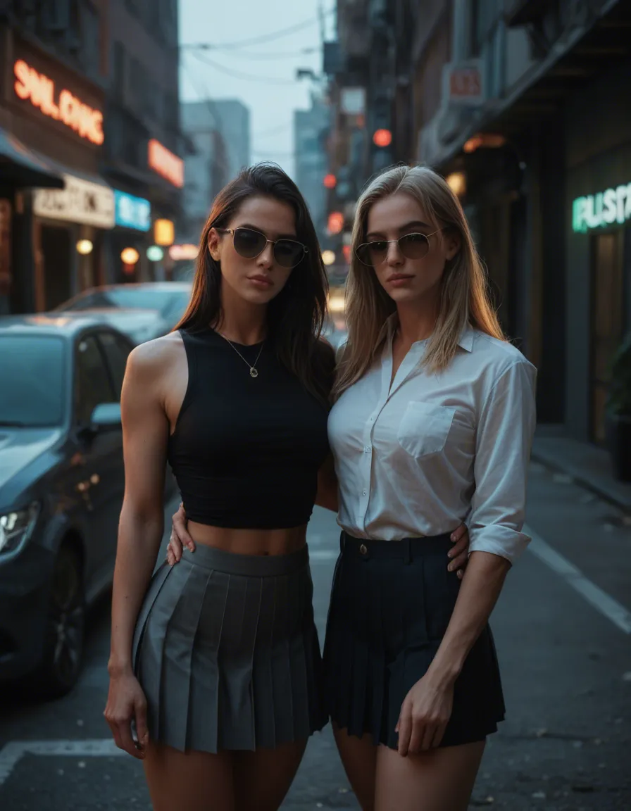 sharp focus, 8k uhd, couple, sunglasses, pleated skirt, presenting, outdoors, neon glow, dslr quality, score_9, score_8, candid photo, realistic skin texture, visible skin pores, film grain, depth of field