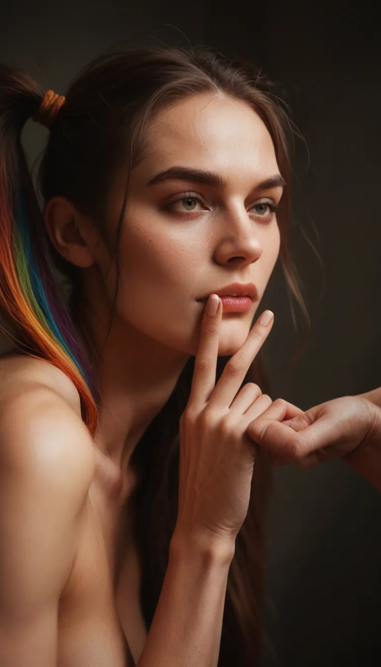 2women finger each other as they make out like they're hungry for each other, they are both 18, and have rainbow pigtails, they are fingering each other very fast
