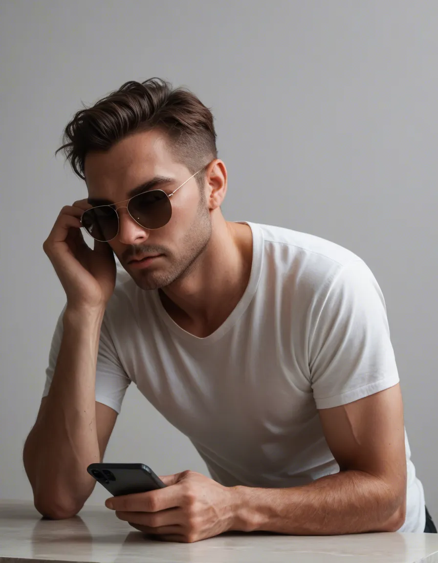 casual shot, realistic, male focus, sunglasses, white shirt, bent over, simple background, homemade aesthetic, big titts, hardcore, score_9, score_8, amateur photo, phone snapshot, realistic skin texture, skin blemishes, soft indoor lighting