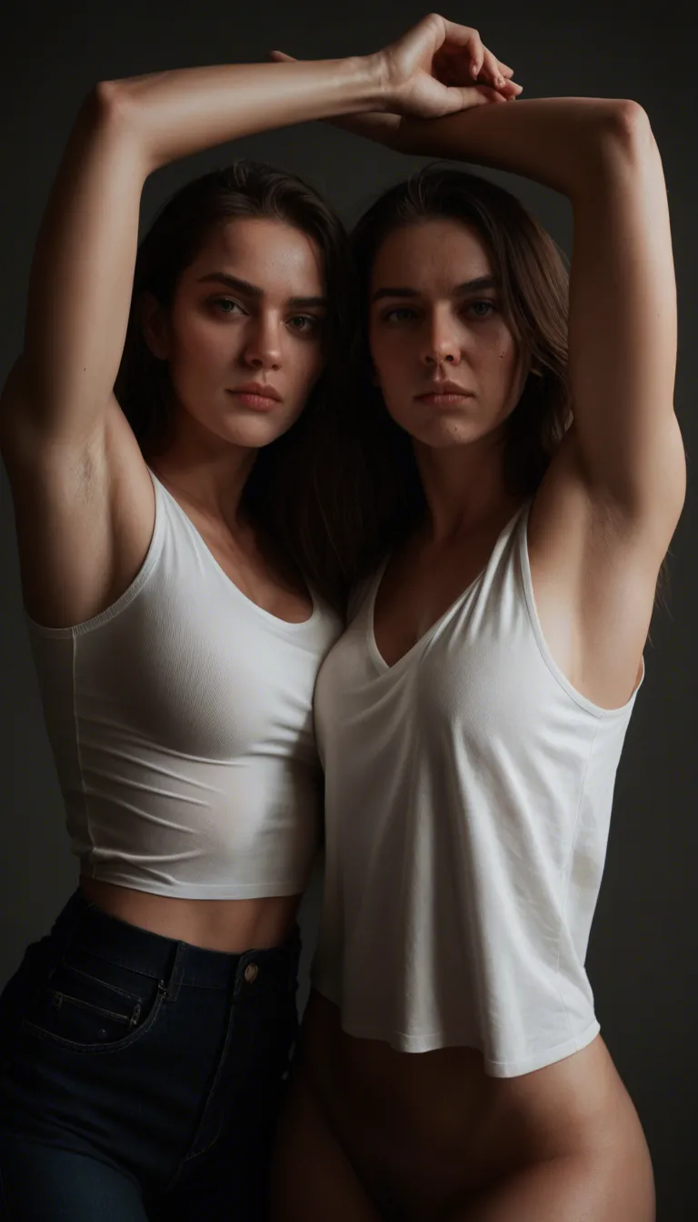 dslr, film grain, photorealistic, 2girls, armpits, white shirt, presenting, over the shoulder, dramatic lighting