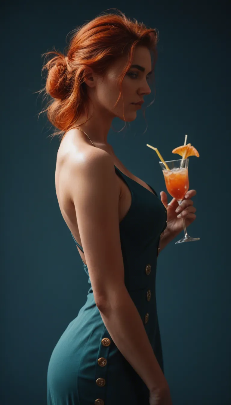 cinematic photo, 8k, redhead woman, buttons, cocktail dress, paizuri, blue background, side view, dslr quality