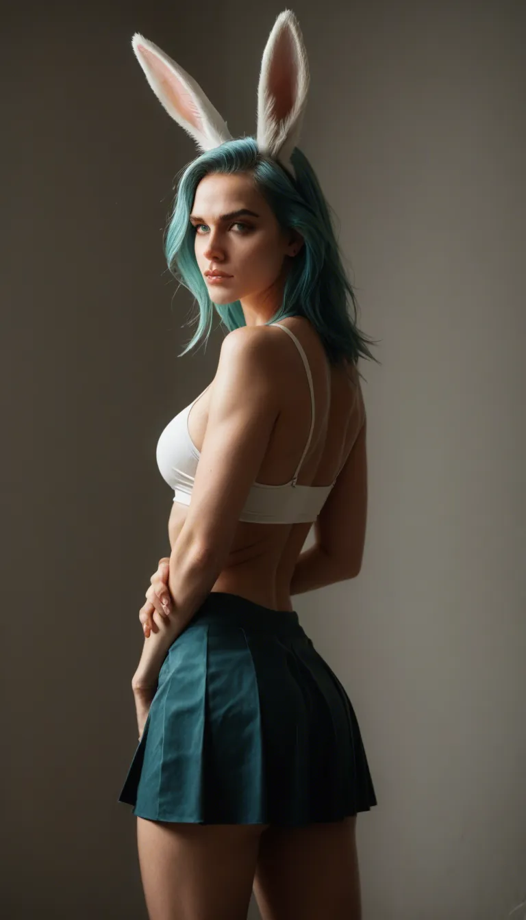 dslr, film grain, photorealistic, bunny woman, aqua hair, skirt, undressing, 8k uhd photo