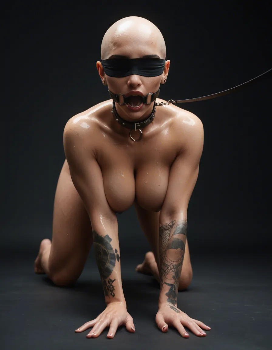 Bald woman (oiled , nude , bald , black barecode tattooed forehead , blindfold , huge_breasts , o-ring gag , collar , leash , on_all_fours and walking , anal_object_insertion , vaginal_object_insertion ). three-quarter view
The leash is hold by a white man. The man insert his finger in her anus.
BREAK, in a park (empty, wide, at night )., score_9, score_8, candid photo, realistic skin texture, visible skin pores, film grain, depth of field