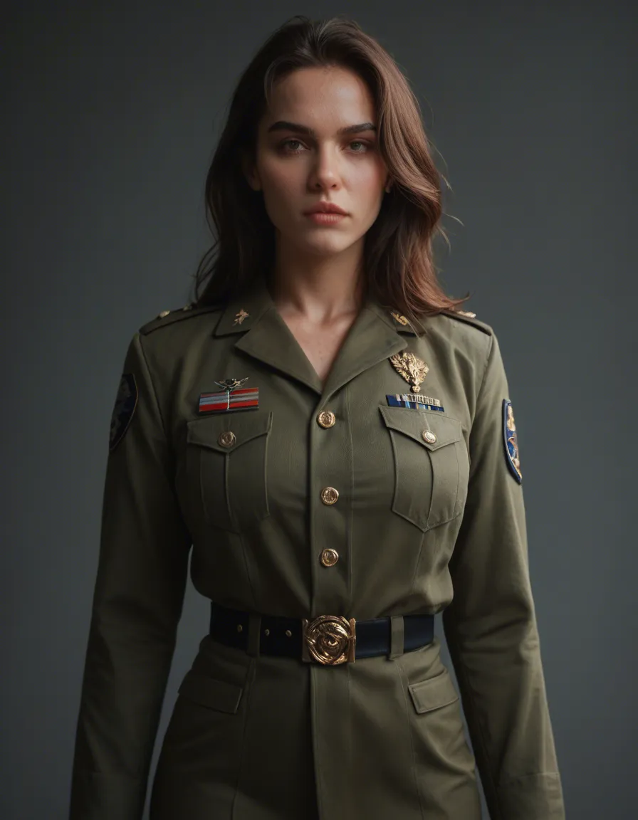 Girl in uniform getting back shots medium_breasts brunette hair, score_9, score_8, candid photo, realistic skin texture, visible skin pores, film grain, depth of field